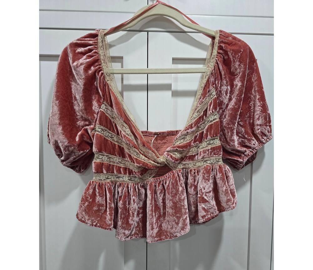 Free People Yours Truly Velvet Top Womens Small Mauve Lace Puff Sleeve Boho